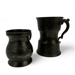 18th century pewter tankard, circa 1770, with scroll handle and acanthus leaf thumbpiece, touch marks and crowned X, H13cm, together with a Victorian 1/2 pint pewter measure, touch marks, weights and measures inspector verification mark (2)