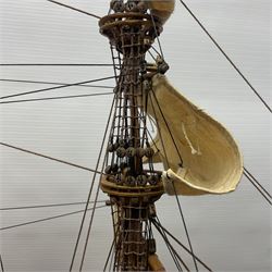 Large kit built scale model of 17th century Royal Navy warship 'HMS Sovereign of the Seas', upon wooden stand with engraved name plaque, H91cm, W111cm