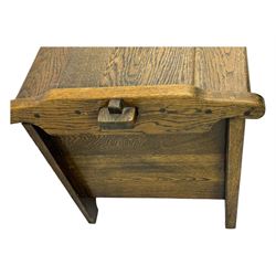 20th century oak coffer or blanket chest, rectangular hinged top over repeating Gothic arch carved front and shaped sides, constructed with pegged joints, on stile supports