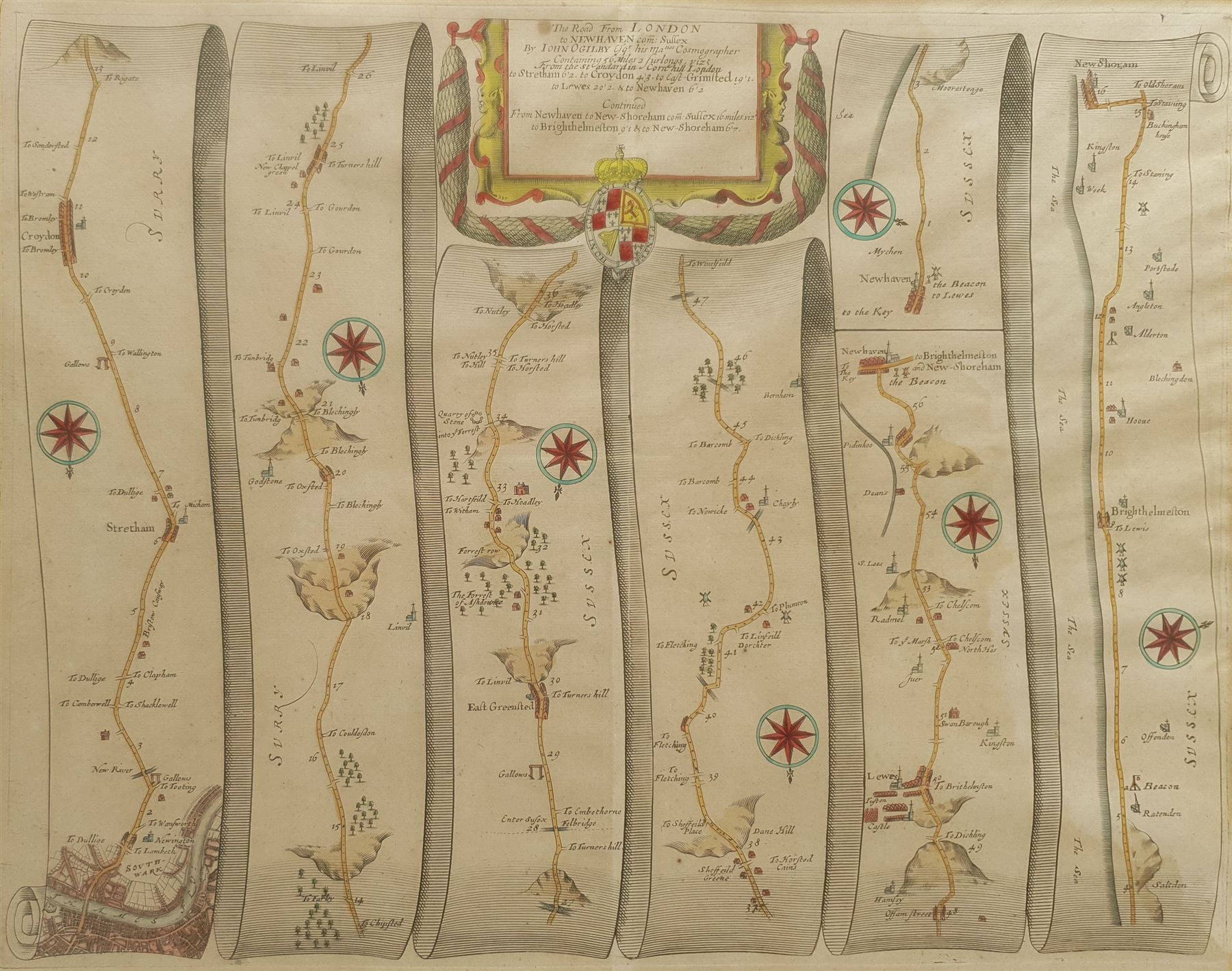 John Ogilby (British 1600-1676): 'The Road from London to Newhaven', engraved strip map with later hand colouring pub. 1675, 33cm x 46cm