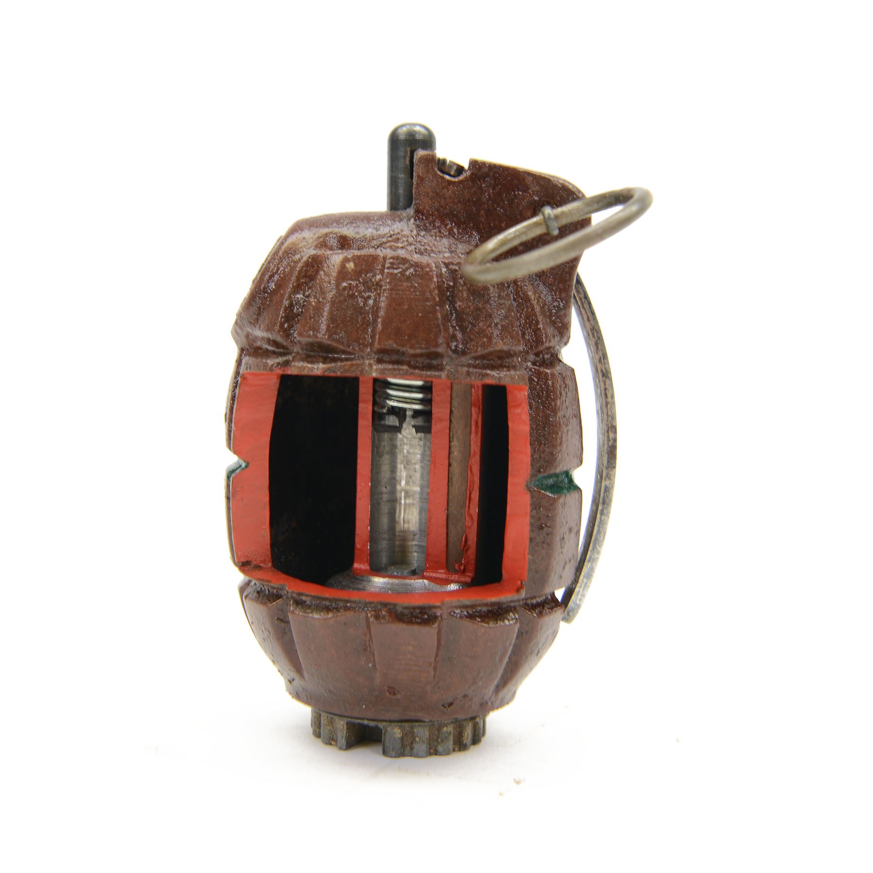 Inert WWII No 36 M Mk 1 Mills hand grenade, cut away with a dummy/replica fuse fitted, marked 'No 36 M Mk1 H LD 1/4.2, H11cm