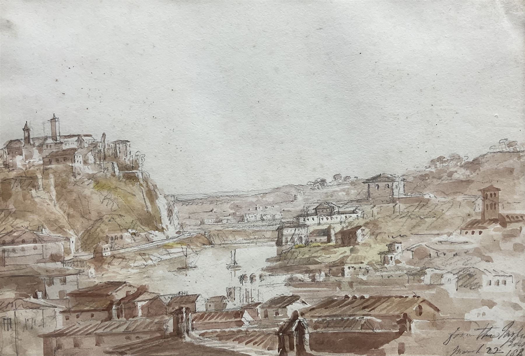 Manner of Francis Towne (British 1739-1816): 'From the Tarpeian Rock', watercolour and pencil unsigned, titled and dated c1840, 18cm x 26cm 