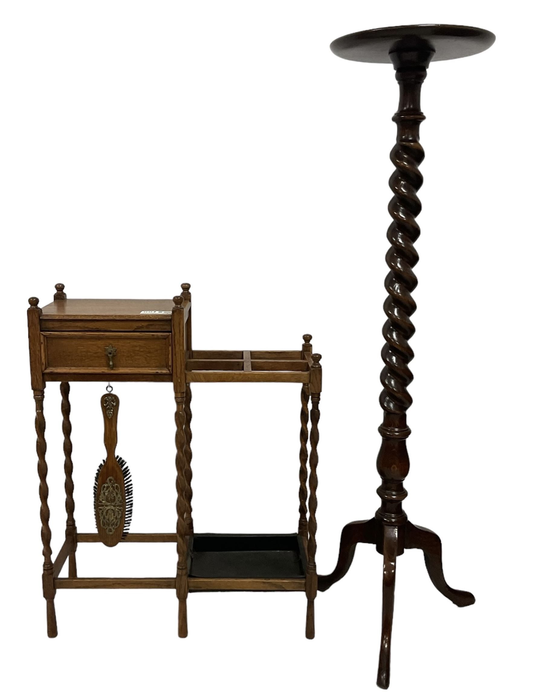 Edwardian oak spiral turned torchere stand, circular dished top, on tripod base (W31cm H125cm); Edwardian oak hallstand, fitted with single drawer, four sectional umbrella or stick stand over drip tray, with associated brush (W60cm H76cm) 