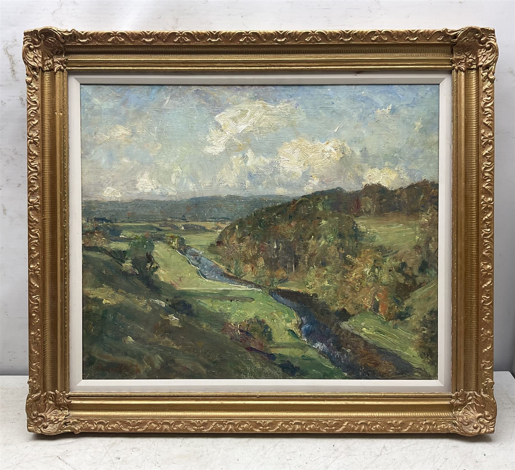 Reginald Grange Brundrit RA ROI (British 1883-1960): Aerial View of the River Wharfe, oil on canvas signed, Royal Academy label verso 49cm x 59cm 