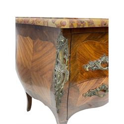 Late 20th century Louis XV design Kingwood and rosewood bombe commode chest, shaped ovolo-moulded variegated marble top, fitted with two drawers, scrolling foliate cast gilt metal handles and mounts