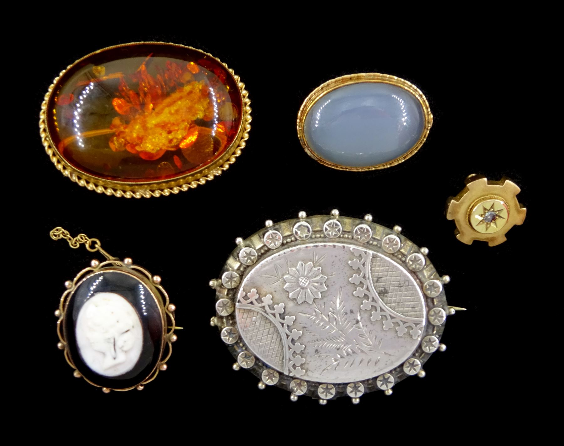 Gold amber brooch, cameo brooch and one other stone set brooch, all 9ct, Victorian 18ct gold rose cut diamond brooch and a silver floral brooch