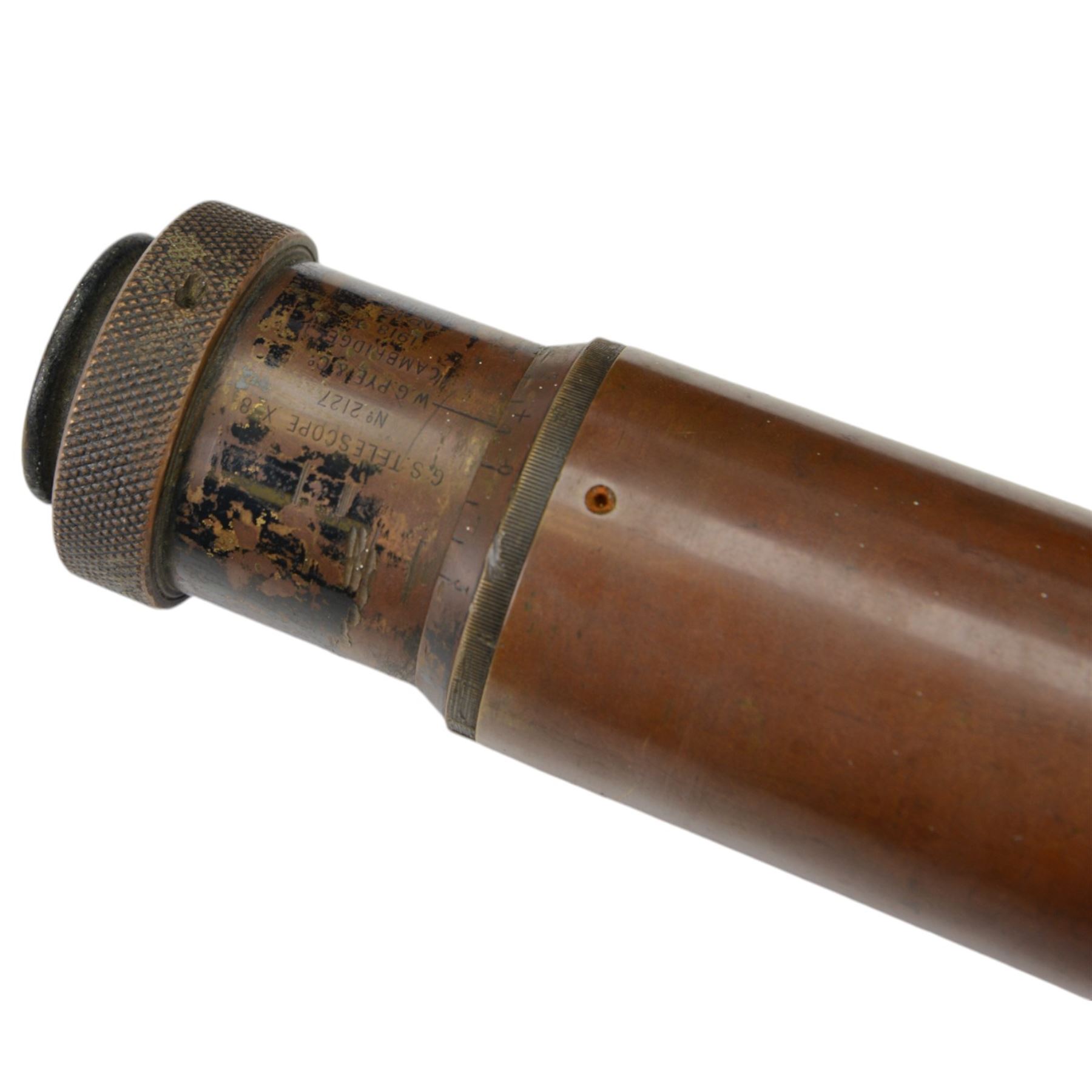 Early 20th century brass and black japanned gunsighting telescope inscribed 'G.S. Telescope X8 No.2127 W.G. Pye & Co Cambridge 1918 No.18' with X graticule to lens L53cm