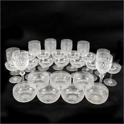 Six cut glass goblets, each with etched and cut floral decoration, together with eight sim...