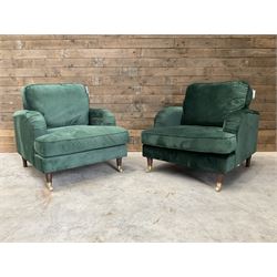 Pair of Howard design armchairs, upholstered in jade green velvet fabric