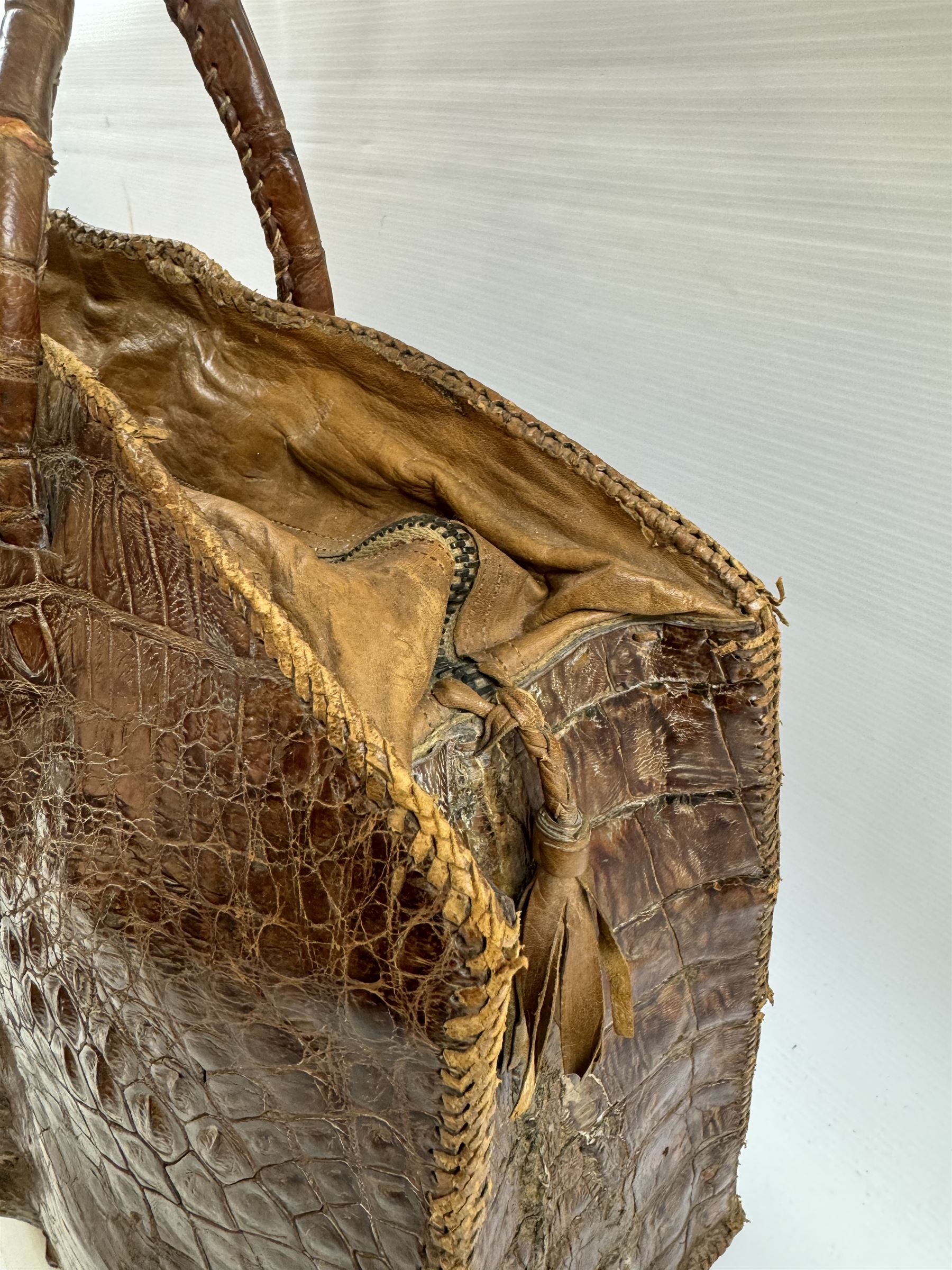 Large twin handled crocodile skin bag, with zippable compartment, H39cm 