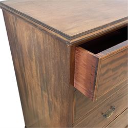 Late Victorian mahogany chest, moulded rectangular top over two short and three long graduating drawers, the drawer fronts inlaid with satinwood bands, boxwood and ebony stringing, on moulded plinth base 