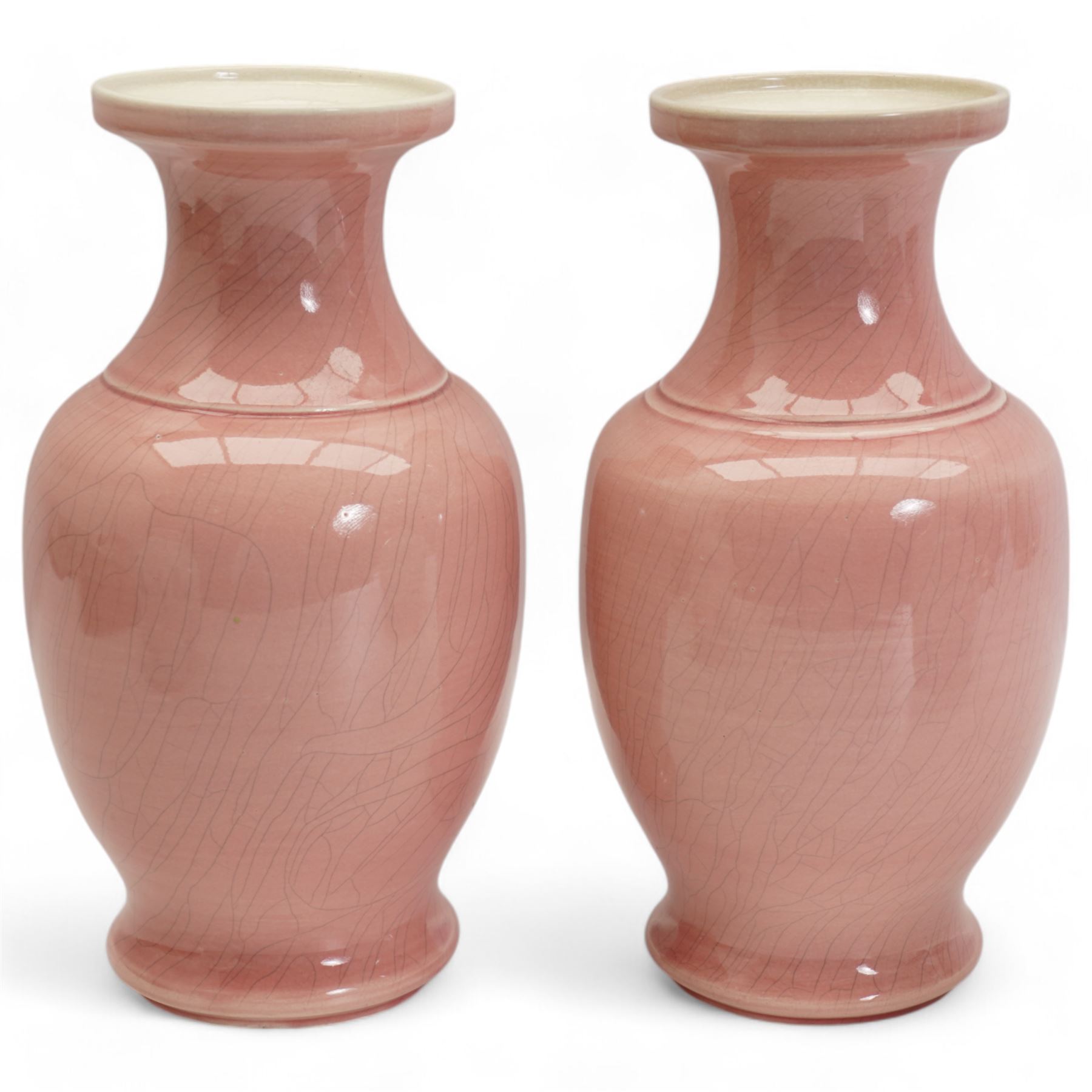 Two Chinese Provincial blue and white ginger jars, one with associated cover, H18cm, together with a pair of pink glazed baluster vases (4)