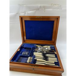 Early 20th century mahogany canteen box, containing selection of matched silver plated cutlery