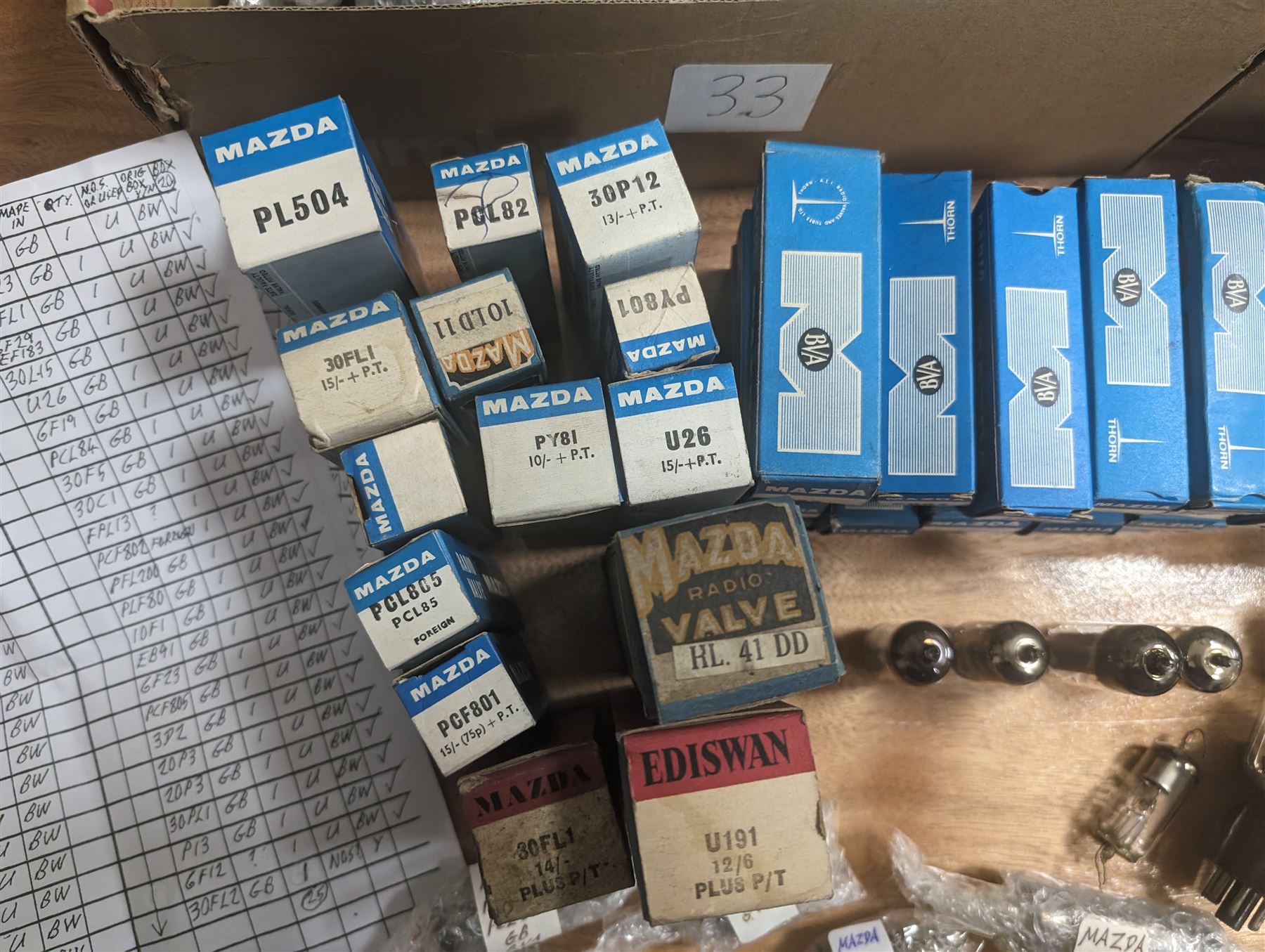 Large collection of Mazda thermionic radio valves/vacuum tubes, including boxed examples and loose bubble wrapped and identified examples