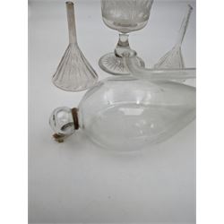 Collection of glassware, comprising etched glass celery vase, water barometer, and two wine funnels 