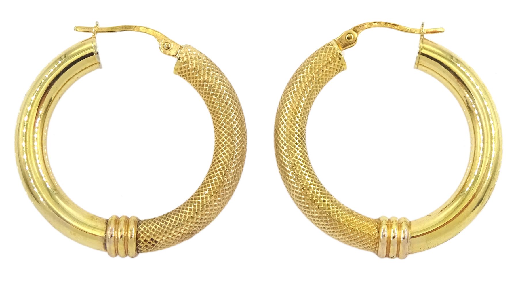 Pair of 9ct gold textured and polished hoop earrings, stamped 375