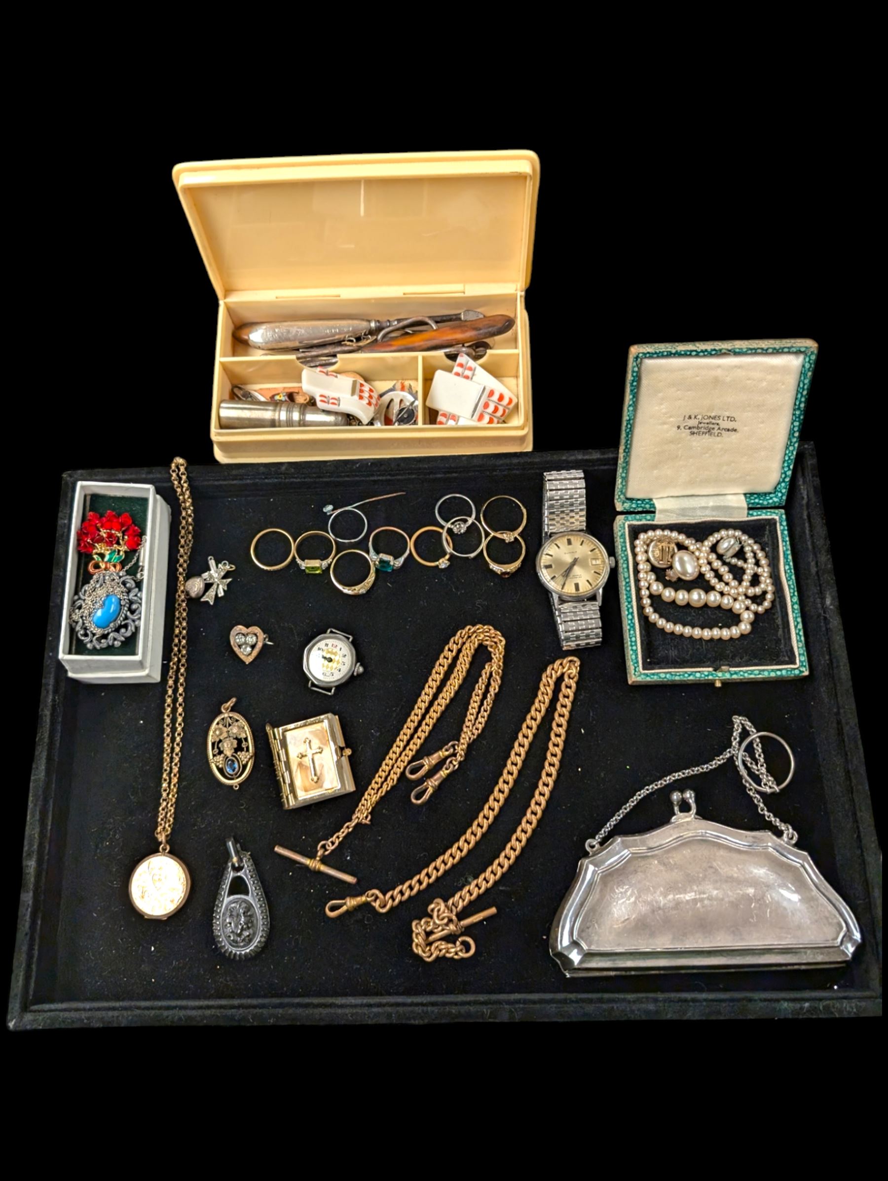 Silver plated coin purse, silver handled file, Summit wristwatch, silver ring, Victorian and later costume jewellery, including Albert chains, etc