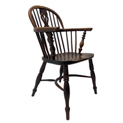 19th century yew wood and elm Windsor armchair, low double hoop stick and pierced splat back, dished seat on turned supports united by crinoline stretchers