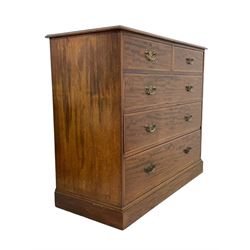 Late Victorian mahogany chest, moulded rectangular top over two short and three long graduating drawers, the drawer fronts inlaid with satinwood bands, boxwood and ebony stringing, on moulded plinth base 