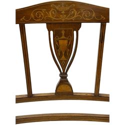 Early 20th century mahogany side chair, detailed marquetry frame, backrest with central urn motif and scrollwork inlay, arched crest rail with floral designs, cream and gold patterned fabric seat, turned front legs with brass castors (H78cm); Victorian walnut nursing chair, carved crest rail, floral needlepoint tapestry upholstery, turned front legs with ceramic castors (H81cm)