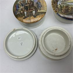 Seven 19th century Prattware pot lids with associated bases, including 'The Snow Drift', 'Strathfieldsaye The Seat of the Duke of Wellington', 'The Late Prince Consort', 'French Street Scene', Lend a Bite', 'Dr Johnson' and 'Sandringham the Seat of HRH The Prince of Wales', largest D12cm (7)