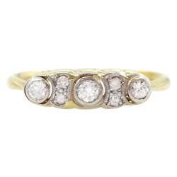 Early 20th century old cut diamond ring, three principal diamonds with two smaller diamonds set between, total diamond weight approx 0.25 carat