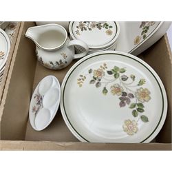 St Michaels Autumn Leaves pattern dinner wares, including dinner plates, side plates, gravy boat, biscuit jar, jug, spoon rest, tray, etc, in two boxes