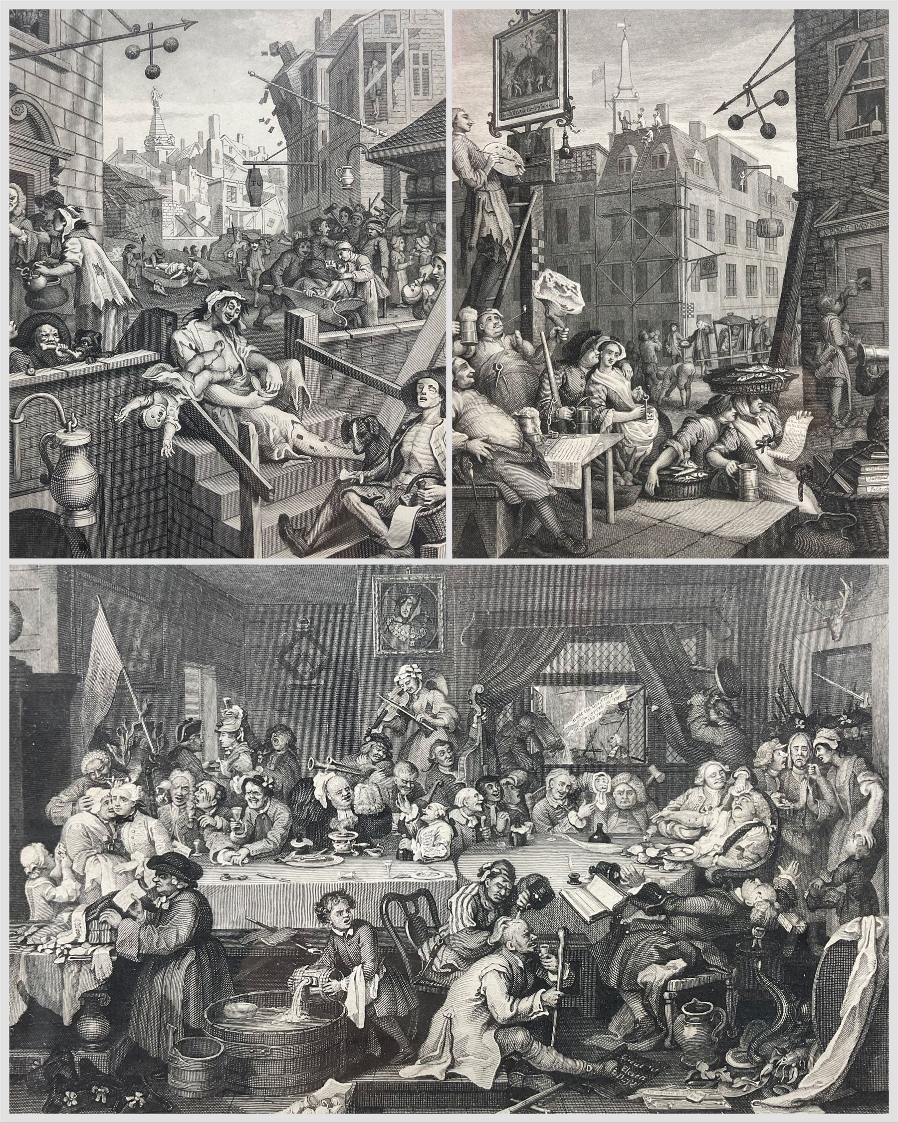 After William Hogarth (British 1697-1794): 'Beer Street and Gin Lane' and 'The Election', three 19th century engravings max 16cm x 14cm (3)