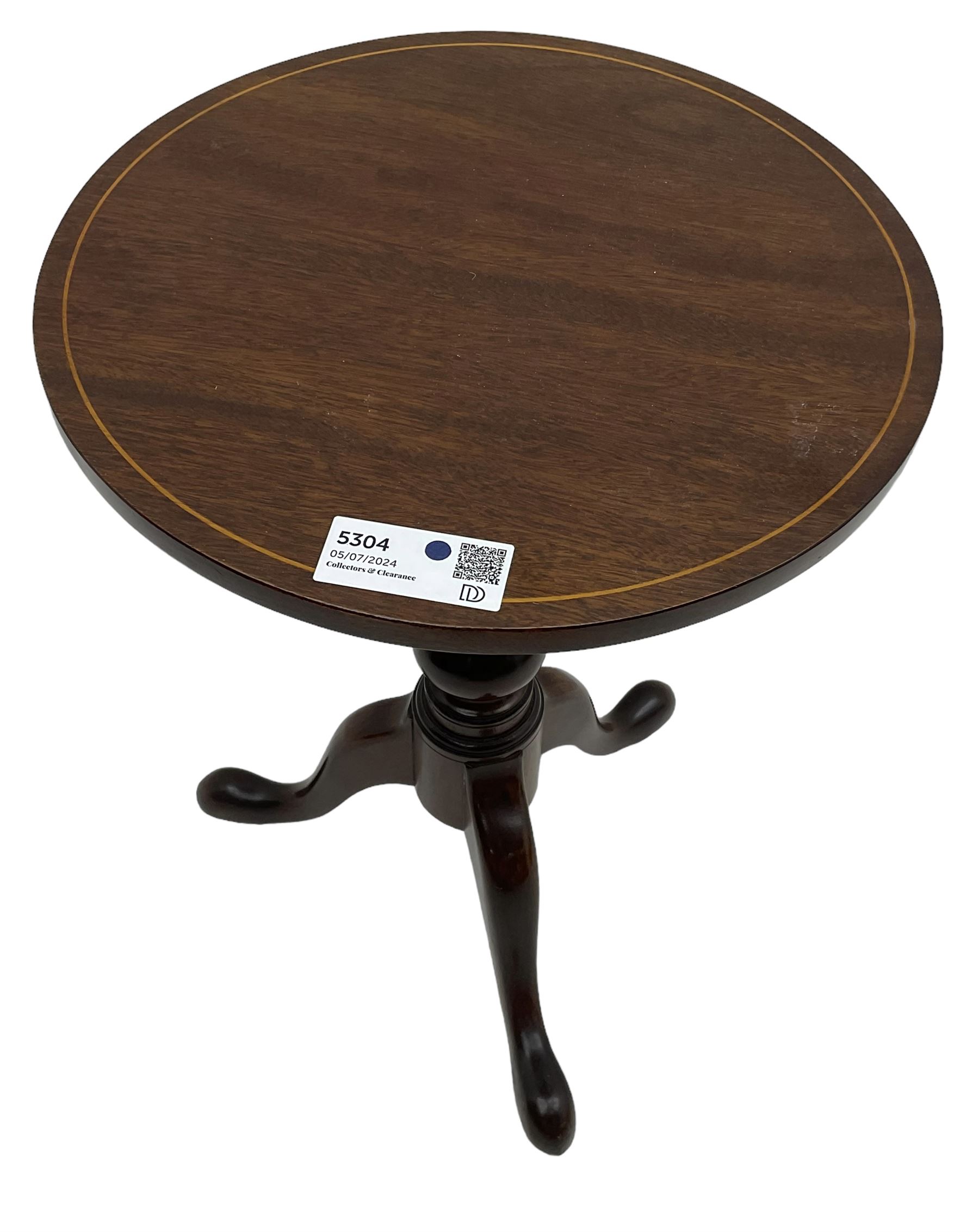 Georgian design inlaid mahogany wine table, circular top on turned pedestal, on three out splayed supports