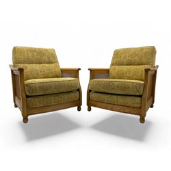 Lucian Ercolani for Ercol - pair of ash framed bergère armchairs, cane sides, upholstered ...