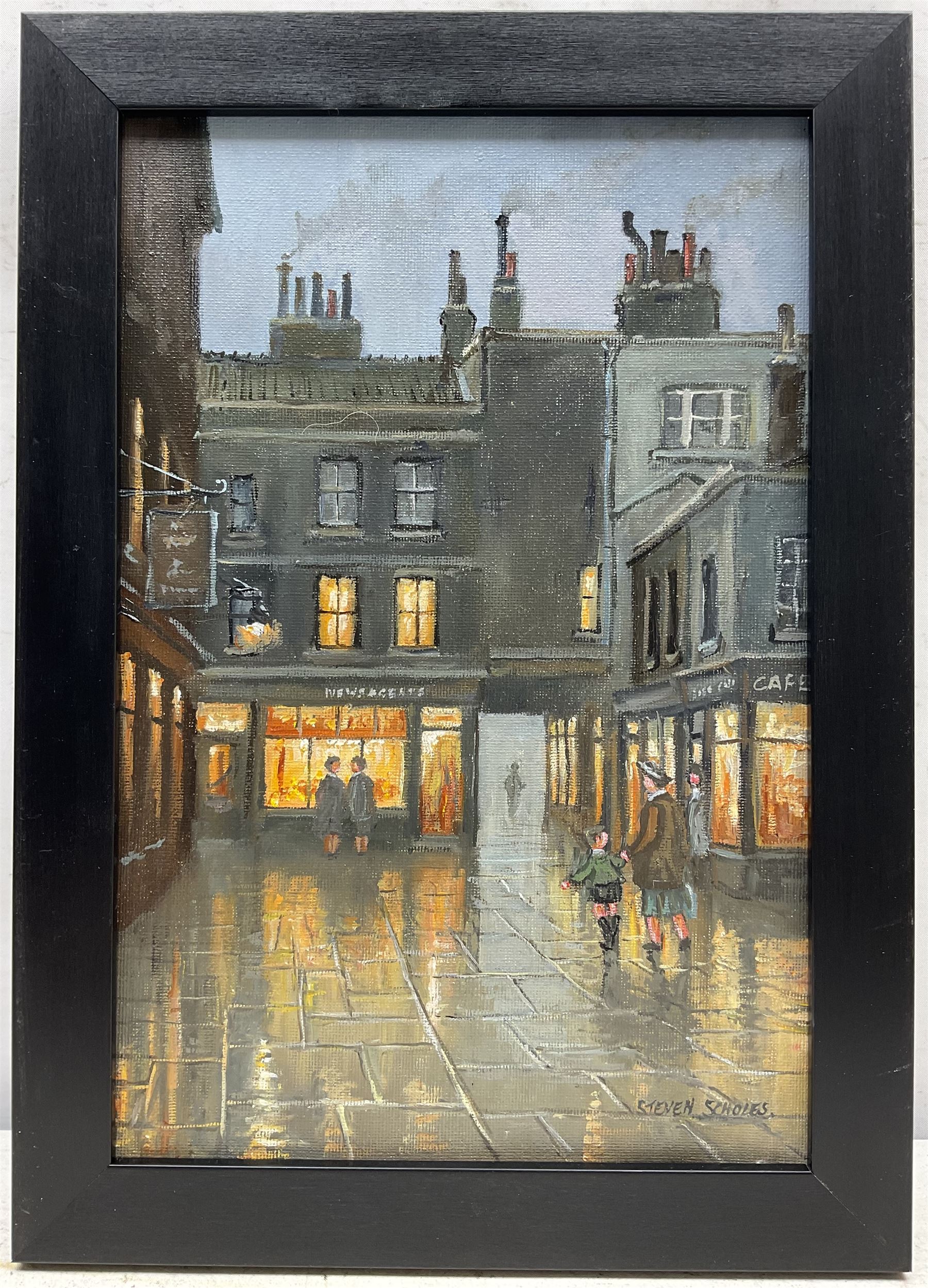 Steven Scholes (Northern British 1952-): 'Shephard Market - Mayfair London 1938', oil on canvas signed, titled verso 29cm x 19cm