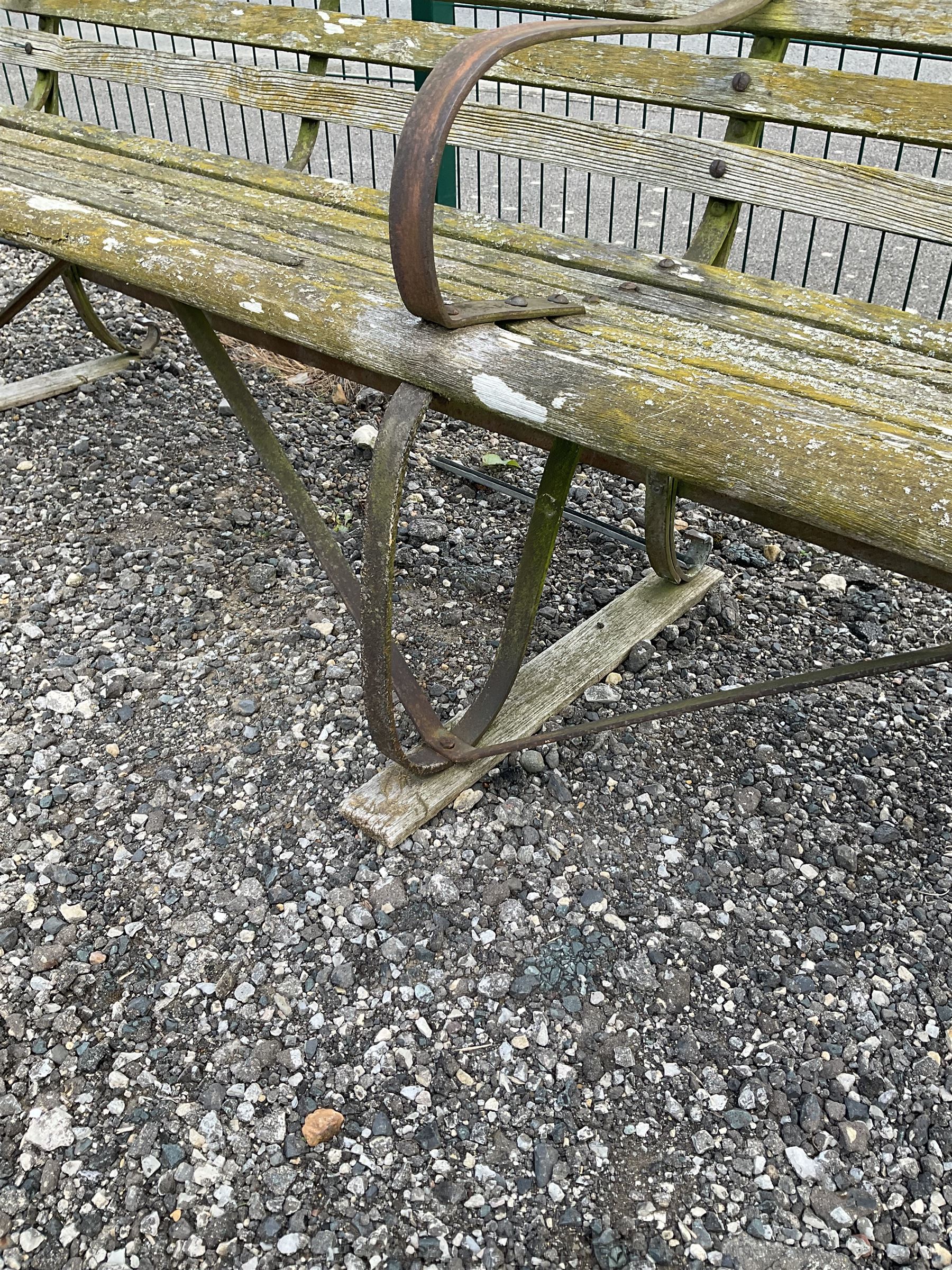 Late 19th century wrought iron and wood slatted four seater double garden bench - THIS LOT IS TO BE COLLECTED BY APPOINTMENT FROM DUGGLEBY STORAGE, GREAT HILL, EASTFIELD, SCARBOROUGH, YO11 3TX