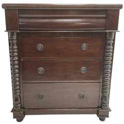 Victorian pine and mahogany chest, rectangular top over moulded frieze drawer and three long drawers, enclosed by half-turned columns, on turned feet