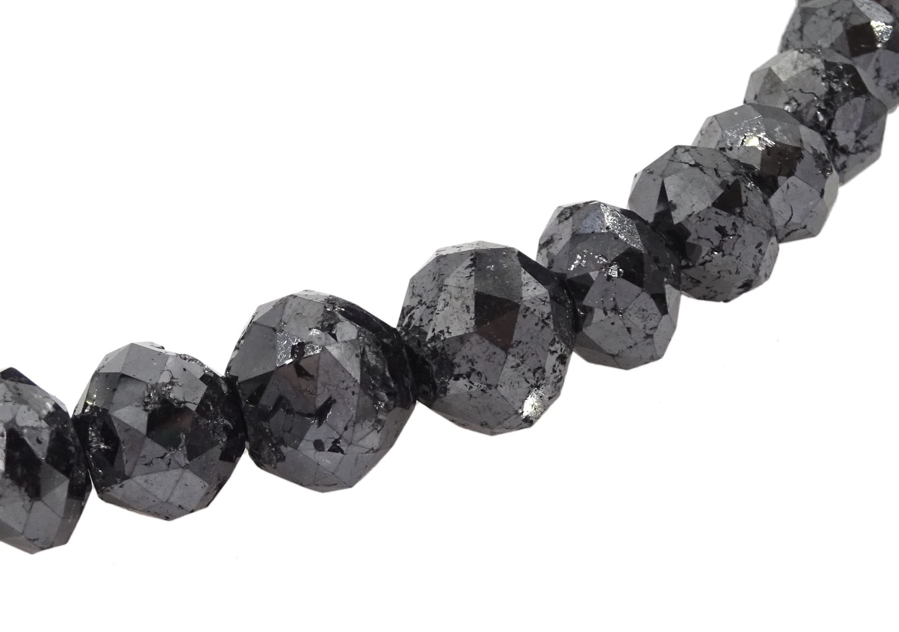 Single strand graduating black diamond necklace, with 18ct gold clasp, stamped 750, total diamond weight approx 220.00 carat