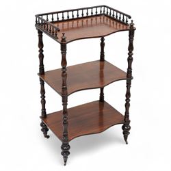 Victorian rosewood three-tier what-not or etagere, raised balustrade gallery top over three shaped tiers on turned supports, turned feet with brass cups and castors (W48cm, H83cm, D34cm); Georgian design mahogany dumbwaiter or what-not, two graduating circular moulded tiers on turned stem, three out splayed supports (W38cm, H77cm)