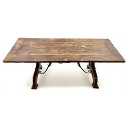 19th century rectangular European oak refectory style dining table, lyre shaped supports joined by scrolling metal work, single frieze cutlery drawer