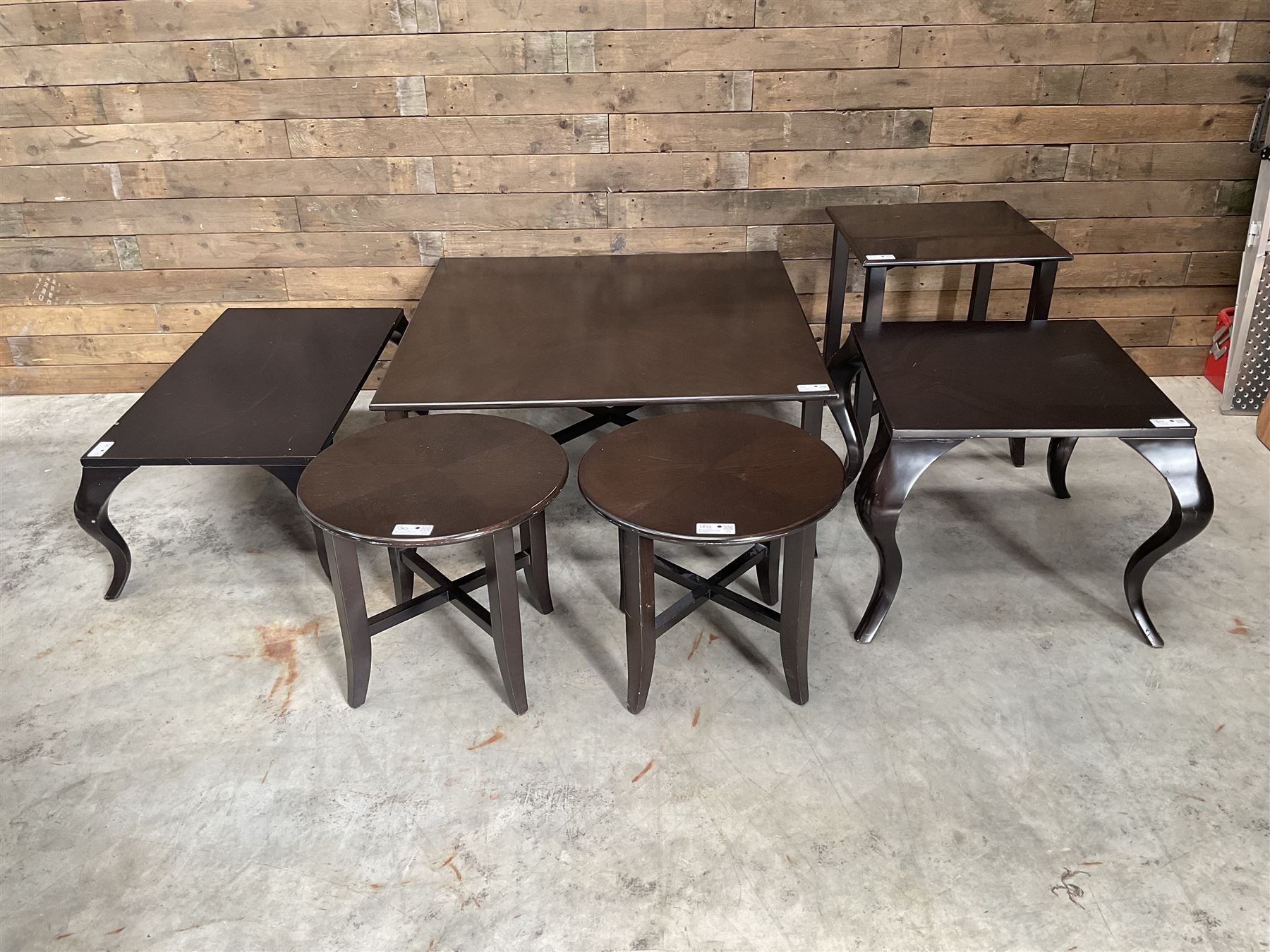 Large square rosewood coffee table, two matching circular tables and lamp table; and a rectangular coffee table and matching lamp table