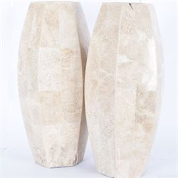 Pair of fossilised coral mosaic vases, of hexagonal form, H46cm