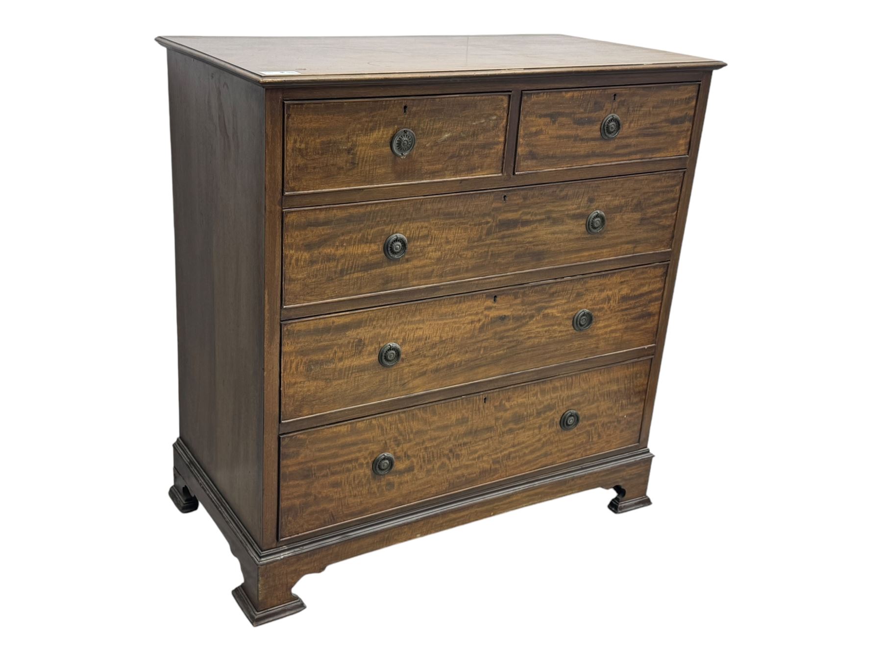 Early 20th century mahogany chest of drawers, rectangular top with moulded edge over two short and three long cockbeaded drawers, on bracket feet