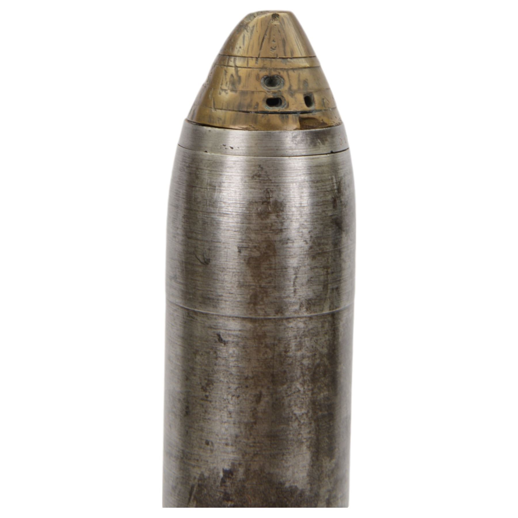 Inert WWI Turkish 75mm Shrapnel Projectile, complete with brass fuse cap and copper drive band, H58cm