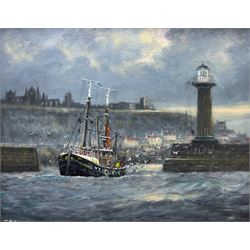 Jack Rigg (British 1927-2023): 'Gone Fishing' - Leaving Whitby, oil on canvas board signed and dated 2015, titled verso 39cm x 50cm