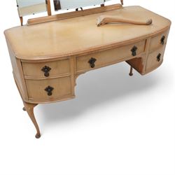 Early 20th century bleached walnut bedroom suite - large double wardrobe (W123cm, H189cm, D64cm); smaller double wardrobe (W92cm, H177cm, D55cm); dressing table (W116cm, H153cm, D61cm); and bedside (W37cm, H69cm, D33cm), with stool 