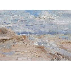 Ian Norris (British 1960-): Beachscape, oil on board signed, inscribed verso 14cm x 19cm