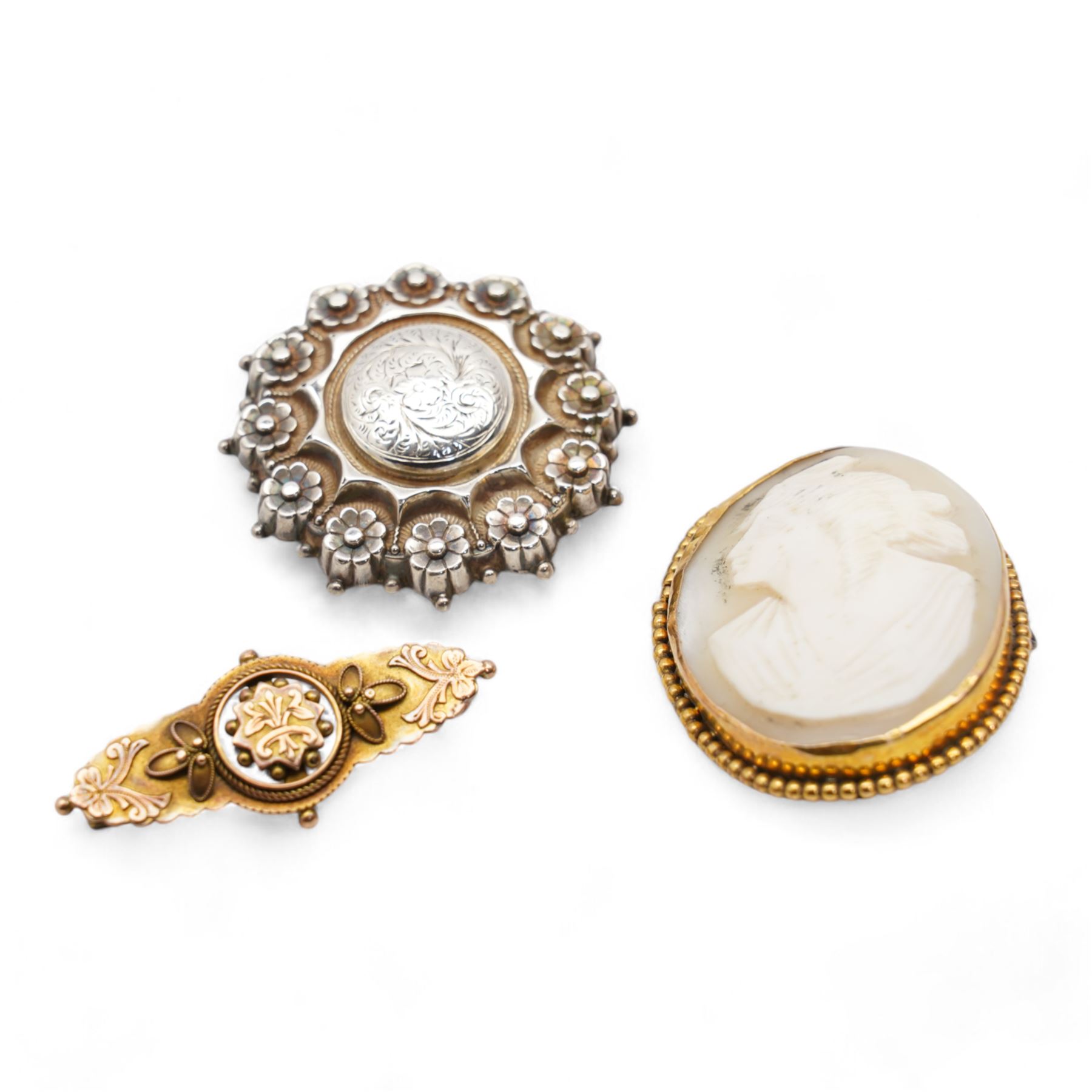 Victorian jewellery including 9ct gold cameo brooch, one other 9ct gold brooch and a silver brooch