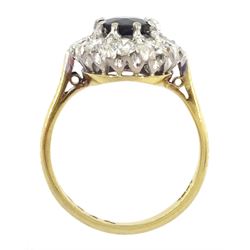 18ct gold oval cut sapphire and round brilliant cut diamond cluster ring, stamped, sapphire approx 1.20 carat, total diamond weight approx 0.80 carat