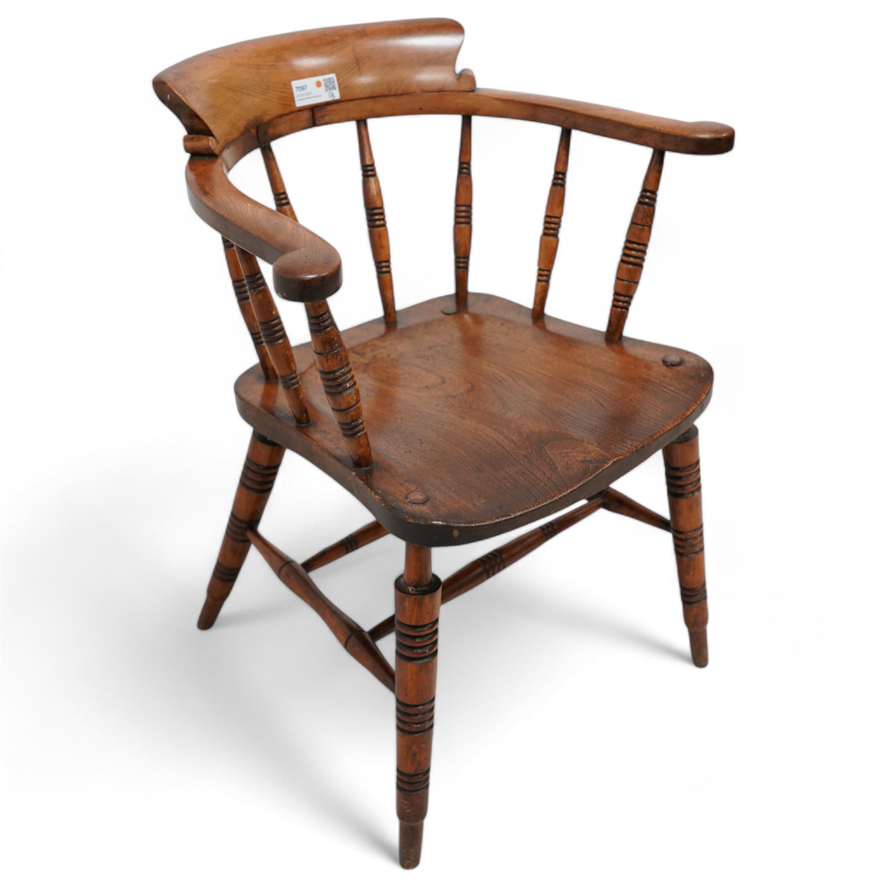 19th century elm and beech Captain's chair, curved back and arms over spindle supports, dished seat on turned supports united by double H-stretcher 