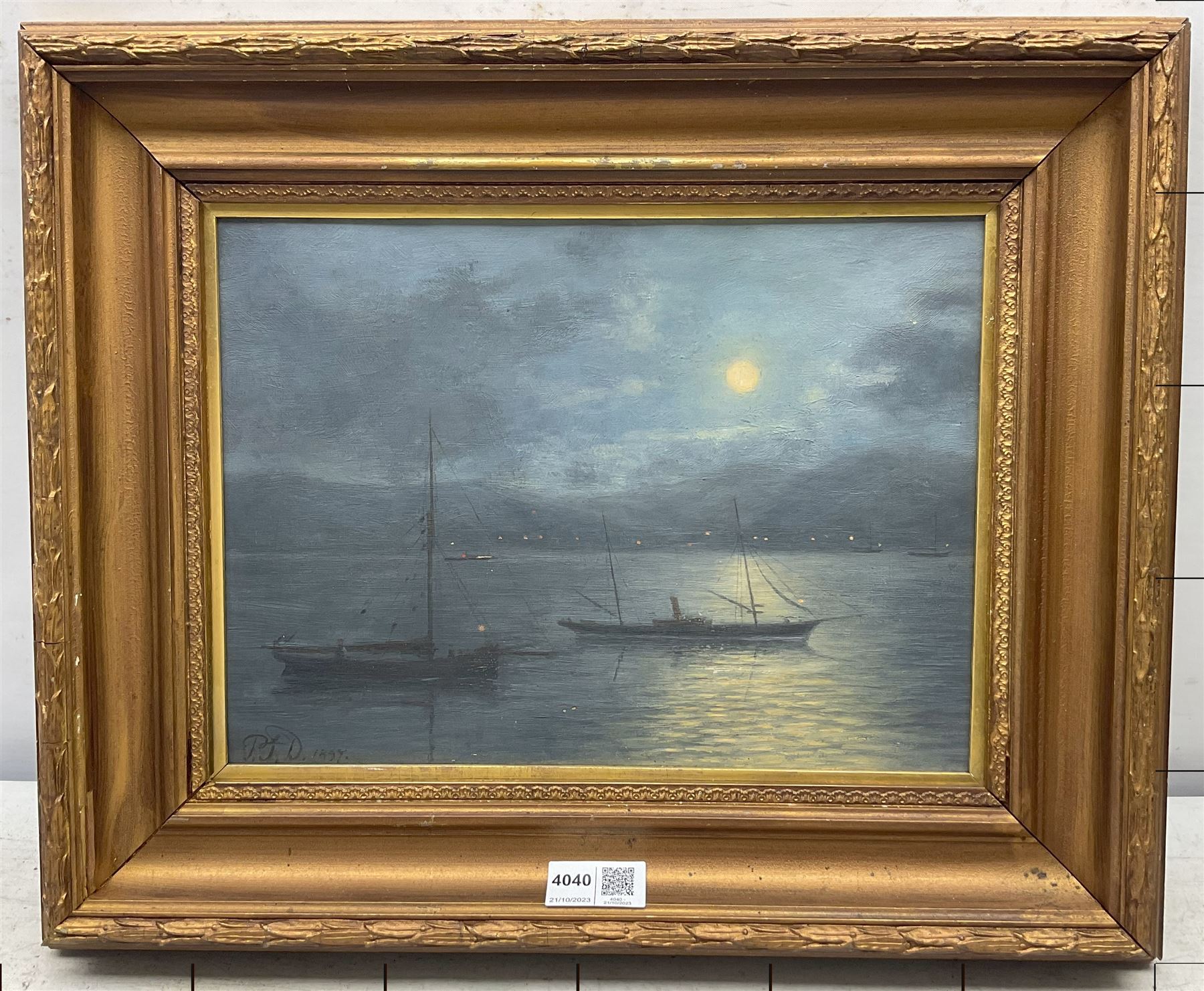 English School (Late 19th century): Boats on a Tranquil Lake by Moonlight, oil on canvas indistinctly signed with initials PFD? and dated 1897, 22cm x 30cm