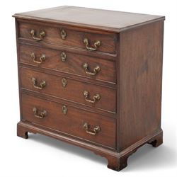 George III mahogany chest, moulded rectangular top over four graduating cock-beaded drawers, shaped and beaded handle plates with ornately cast swan neck handles, on bracket feet