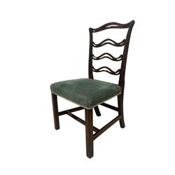 Set of twelve (10+2) Chippendale revival stained beech dining chairs, pierced waived ladder backs with over-stuffed over seats, on square moulded supports joined by stretchers