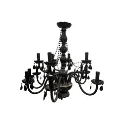 Two classical black glass fourteen branch chandeliers